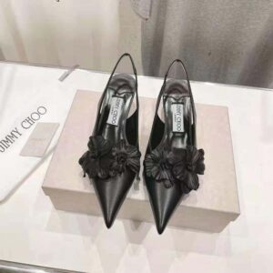 Jimmy Choo Women Amita Flowers 45 Black Nappa Leather Sling Back Pumps with Flowers
