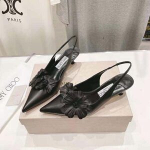 Jimmy Choo Women Amita Flowers 45 Black Nappa Leather Sling Back Pumps with Flowers