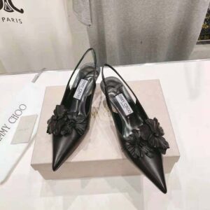 Jimmy Choo Women Amita Flowers 45 Black Nappa Leather Sling Back Pumps with Flowers