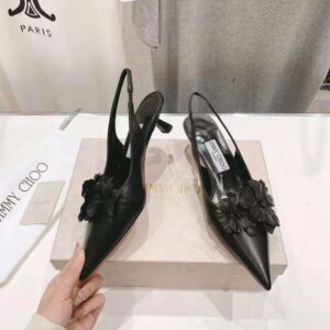 Jimmy Choo Women Amita Flowers 45 Black Nappa Leather Sling Back Pumps with Flowers