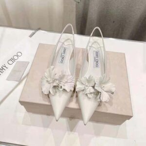 Jimmy Choo Women Amita Flowers 45 Latte Nappa Leather Sling Back Pumps with Flowers