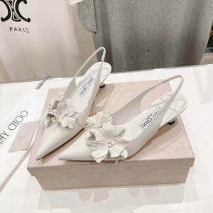 Jimmy Choo Women Amita Flowers 45 Latte Nappa Leather Sling Back Pumps with Flowers