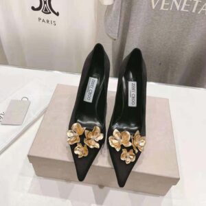 Jimmy Choo Women Ixia 95 Black Satin Pumps with Flowers-IXIA95BGU