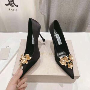Jimmy Choo Women Ixia 95 Black Satin Pumps with Flowers-IXIA95BGU