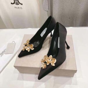 Jimmy Choo Women Ixia 95 Black Satin Pumps with Flowers-IXIA95BGU