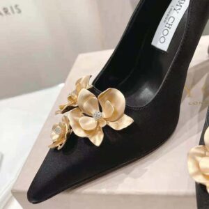 Jimmy Choo Women Ixia 95 Black Satin Pumps with Flowers-IXIA95BGU