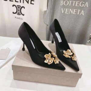 Jimmy Choo Women Ixia 95 Black Satin Pumps with Flowers-IXIA95BGU