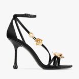 Jimmy Choo Women Zea 95 Black Satin Sandals with Metal Flowers-ZEA95BGU