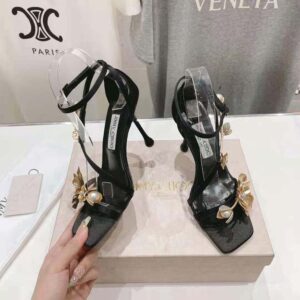 Jimmy Choo Women Zea 95 Black Satin Sandals with Metal Flowers-ZEA95BGU