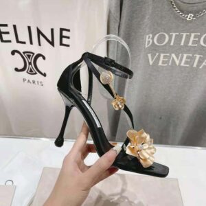 Jimmy Choo Women Zea 95 Black Satin Sandals with Metal Flowers-ZEA95BGU