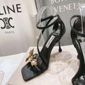 Jimmy Choo Women Zea 95 Black Satin Sandals with Metal Flowers-ZEA95BGU