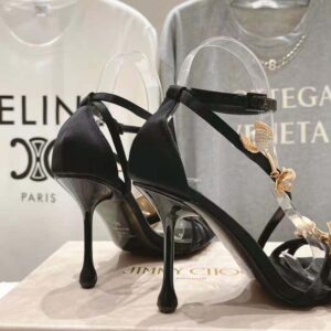 Jimmy Choo Women Zea 95 Black Satin Sandals with Metal Flowers-ZEA95BGU