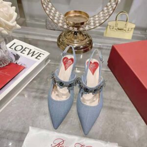 Roger Vivier Women Virgule Flower Slingback Pumps in Denim