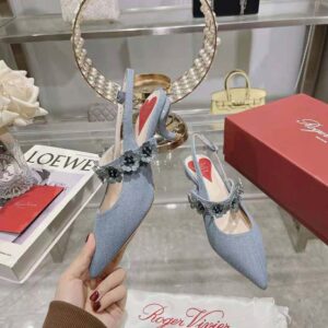 Roger Vivier Women Virgule Flower Slingback Pumps in Denim