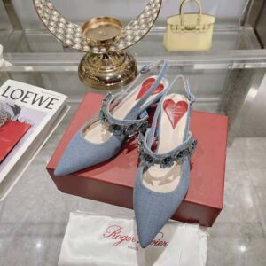 Roger Vivier Women Virgule Flower Slingback Pumps in Denim