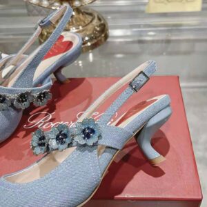 Roger Vivier Women Virgule Flower Slingback Pumps in Denim