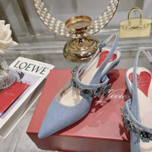 Roger Vivier Women Virgule Flower Slingback Pumps in Denim
