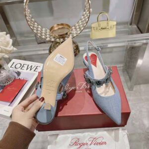 Roger Vivier Women Virgule Flower Slingback Pumps in Denim