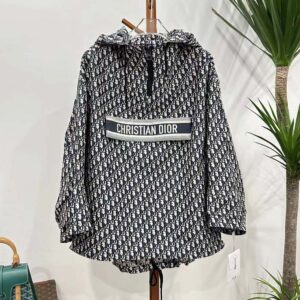 Dior Women Hooded Anorak Blue and Ecru Technical Taffeta Jacquard with Dior Oblique Motif