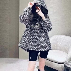 Dior Women Hooded Anorak Blue and Ecru Technical Taffeta Jacquard with Dior Oblique Motif