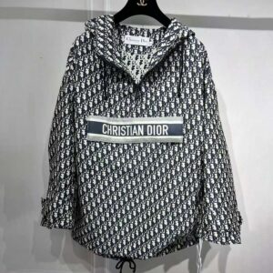 Dior Women Hooded Anorak Blue and Ecru Technical Taffeta Jacquard with Dior Oblique Motif