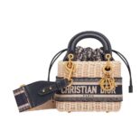 Dior Women Small Lady Dior Bag Natural Wicker and Blue Dior Oblique Jacquard