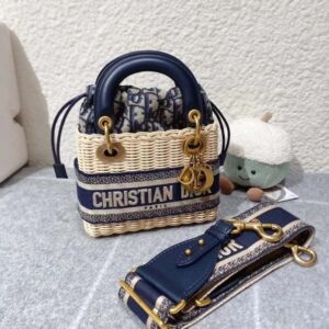 Dior Women Small Lady Dior Bag Natural Wicker and Blue Dior Oblique Jacquard