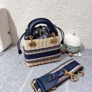 Dior Women Small Lady Dior Bag Natural Wicker and Blue Dior Oblique Jacquard
