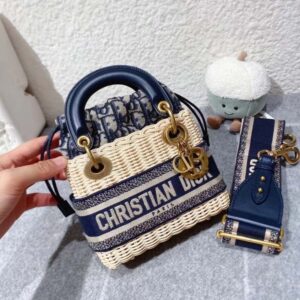 Dior Women Small Lady Dior Bag Natural Wicker and Blue Dior Oblique Jacquard