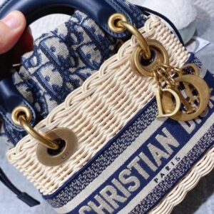 Dior Women Small Lady Dior Bag Natural Wicker and Blue Dior Oblique Jacquard