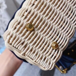 Dior Women Small Lady Dior Bag Natural Wicker and Blue Dior Oblique Jacquard