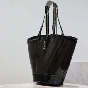Saint Laurent YSL Women Panier Medium in Vinyl and Shiny Leather-Black
