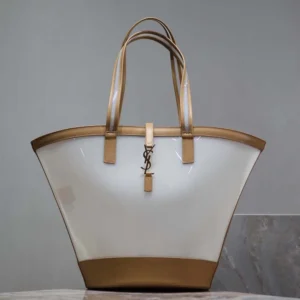 Saint Laurent YSL Women Panier Medium in Vinyl and Vegetable-tanned Leather-Beige