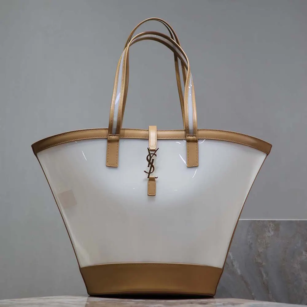 Saint Laurent YSL Women Panier Medium in Vinyl and Vegetable-tanned Leather-Beige 2 Saint Laurent YSL Women Panier Medium in Vinyl and Vegetable-tanned Leather-Beige