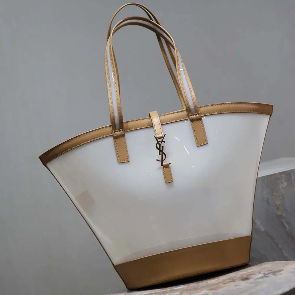 Saint Laurent YSL Women Panier Medium in Vinyl and Vegetable-tanned Leather-Beige 3 Saint Laurent YSL Women Panier Medium in Vinyl and Vegetable-tanned Leather-Beige