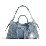 Balenciaga Women Neo Cagole City Handbag Denim with Rhinestones in Blue