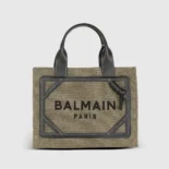 Balmain Women B-Army Small Canvas Shopping Bag with Leather Inserts