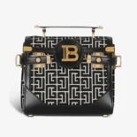 Balmain Women Bicolor Khaki and Black Calfskin Jacquard B-Buzz Bag CN1DB599TJGH