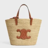 Celine Women Teen Supple Celine Classic Panier in Raffia and Calfskin-Tan