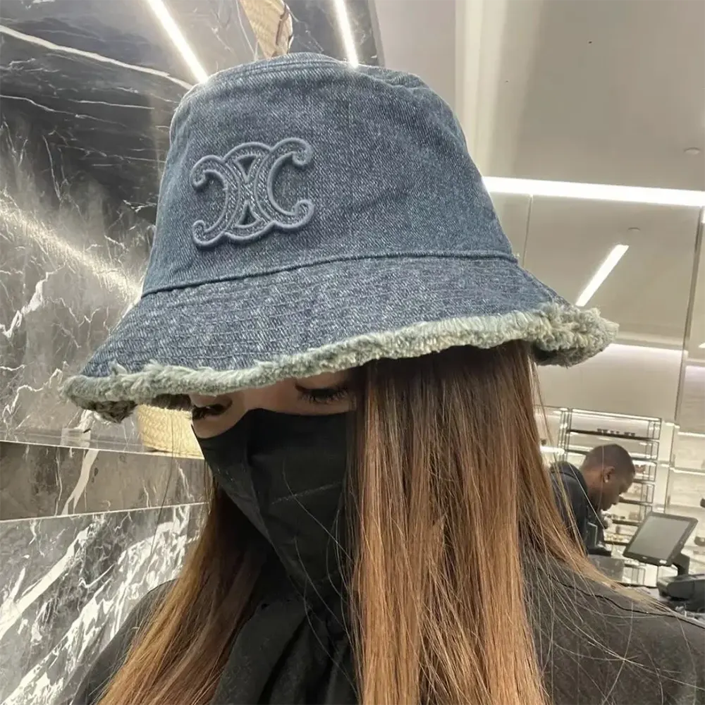 Celine Women Triomphe Bucket Hat in Dark Union Wash Denim