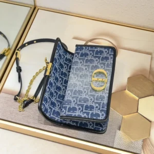 Dior Women 30 Montaigne East-West Bag with Chain Blue Denim Dior Oblique Jacquard