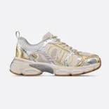 Dior Women Chrono Sneaker Beige Mesh with Gold-Tone and Silver-Tone Laminated Leather-Effect Panels