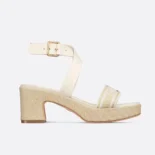 Dior Women Dioriviera Dway Heeled Sandal Natural Raffia White Calfskin and Embroidered Cotton