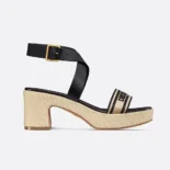 Dior Women Dioriviera Dway Heeled Sandal Natural Raffia with Black Calfskin and Embroidered Cotton