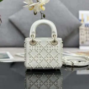 Dior Women Lady Dior Micro Bag Latte Cannage Lambskin with Resin Pearls