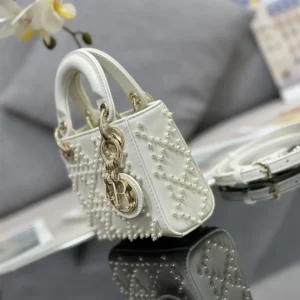 Dior Women Lady Dior Micro Bag Latte Cannage Lambskin with Resin Pearls