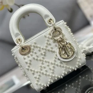 Dior Women Lady Dior Micro Bag Latte Cannage Lambskin with Resin Pearls