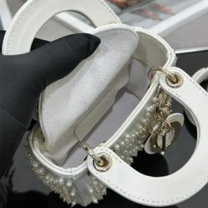 Dior Women Lady Dior Micro Bag Latte Cannage Lambskin with Resin Pearls