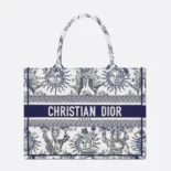 Dior Women Medium Dior Book Tote White and Navy Blue Toile de Jouy Soleil Embroidery