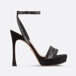Dior Women Or Dway Heeled Sandal Black Cotton Embroidered with Thread and Silver-Tone Strass